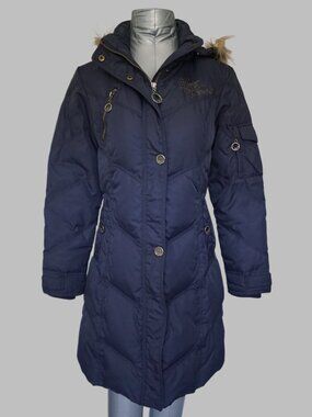 Bosideng Women's Navy Down Puffer Coat 90% Duck Down Petite S Fur Trim Hood